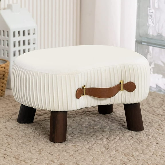 Small Curved Foot Stool with Handle, Beige Velvet Footstool and Ottomans, Modern Foot Rest with Wooden Legs, Step Stool with Padded Seat for Couch, Living Room