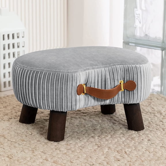 Small Curved Foot Stool with Handle, Gray Velvet Footstool and Ottomans, Modern Foot Rest with Wooden Legs, Step Stool with Padded Seat for Couch, Living Room