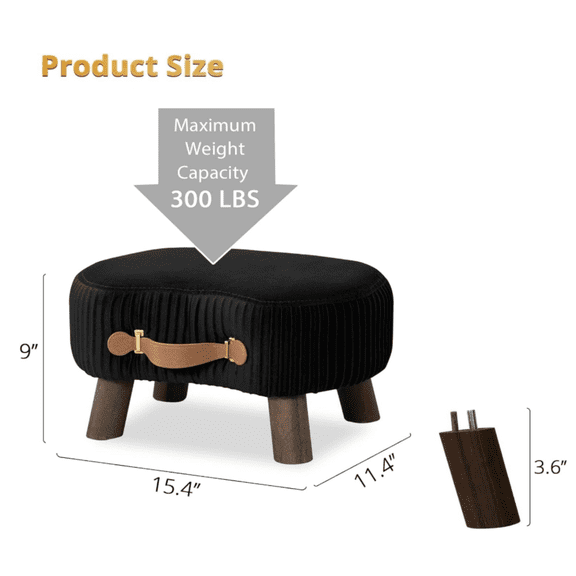Small Curved  with Handle, Black Velvet Footstool  , Mod Foot Rest with Wooden Legs, Step Stool with Padded Seat for Couch, Living Room