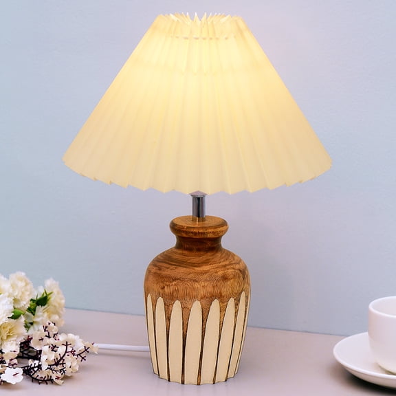 Small Cute Bedside Lamp with Linen Beige Lampshade, Nightstand Lamp for Nursery, Bedroom, Kid Room, Living Room, Light Brown Wooden Base, E27, Ribbed Urn, Pleated Off-White