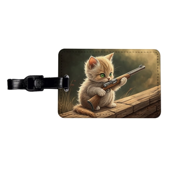 Small Cute Fuzzy Cat Kitten with a Shotgun Funny Faux Leather Travel Luggage Tag