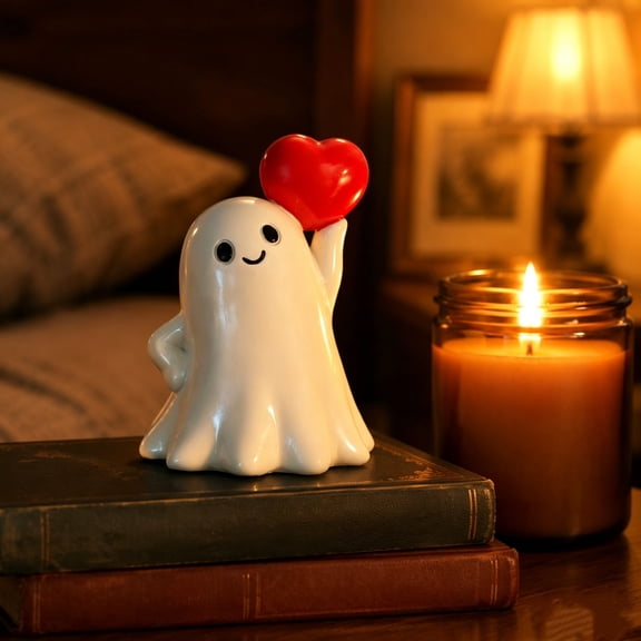 Small Cute Resin Ghost Tabletop Figurine, Stable Base Weather Resistant Compact Seasonal Statue, Whimsical Shelf Mantel ornament for Indoor Outdoor Halloween Party Styling