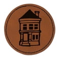 thumbnail image 1 of Small Cute Two Story House Home 2.5" Faux Leather Round Engraved Iron-On Patch - Brown, 1 of 6