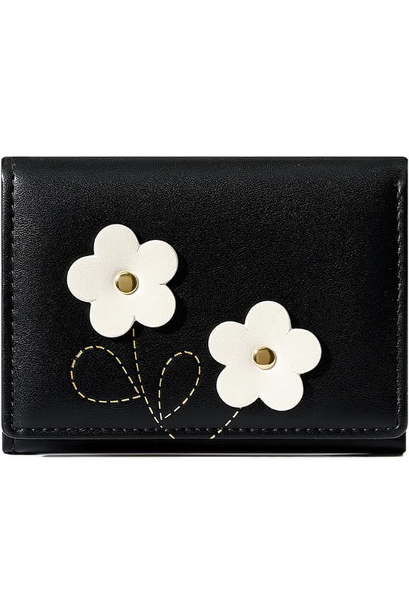 Small Cute Wallet for Girl Women Flower Tri-Fold Slim Wallets Cash Pocket PU Leather Card Holder Coin Purse with ID Window (BLACK)