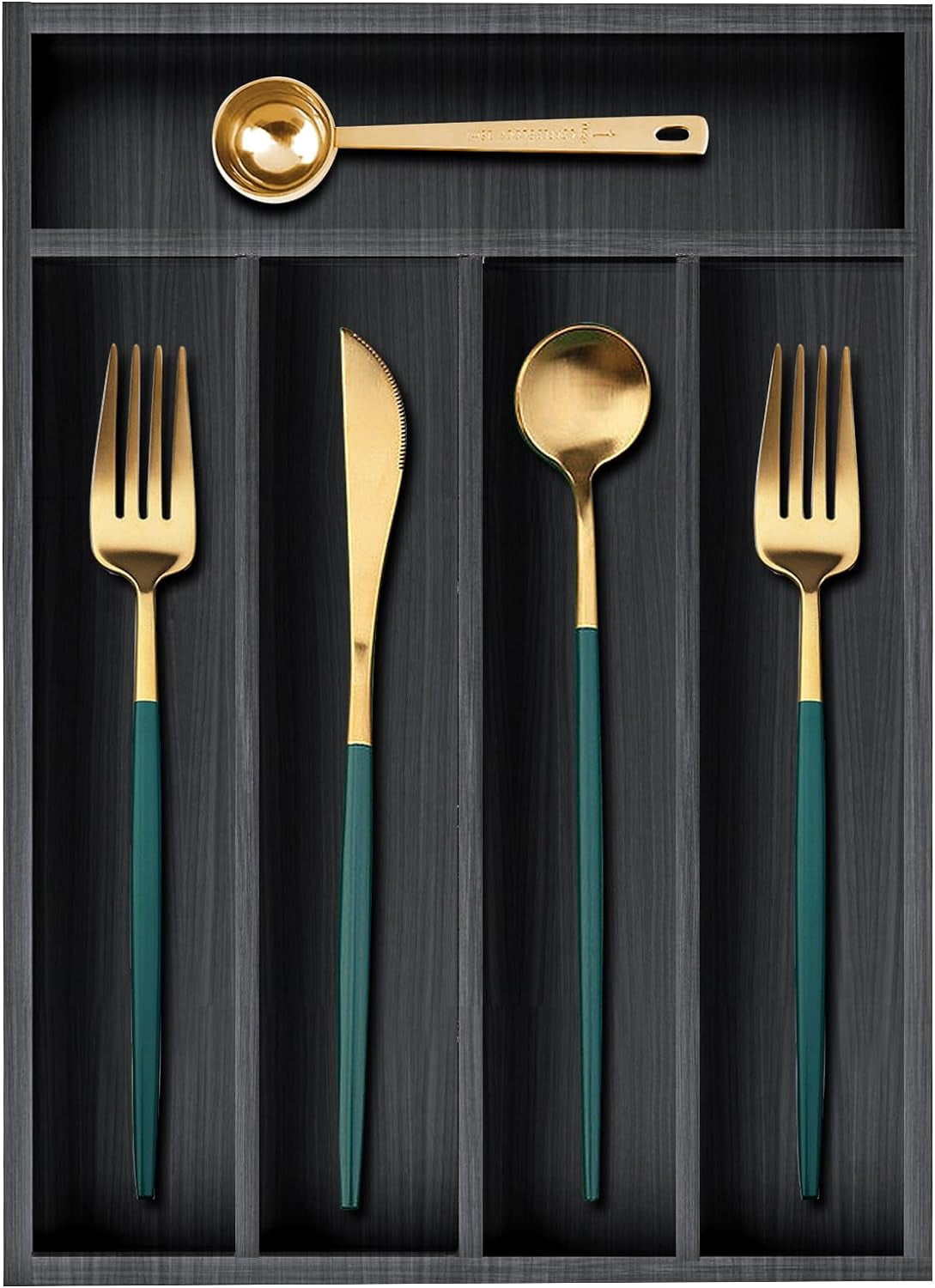 Small Cutlery Tray Narrow Wooden Silverware Organizer 12"x6.7" Spoon Kitchen Utensil Holder for Drawer Divider Bamboo Cutlery Drawer Organizers Storage Black Wood Silverware Tray Flatware Organizer
