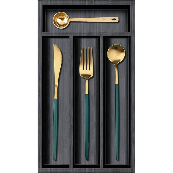 Small Cutlery Tray Narrow Wooden Silverware Organizer 12"x6.7" Spoon Kitchen Utensil Holder for Drawer Divider Bamboo Cutlery Drawer Organizers Storage Black Wood Silverware Tray Flatware Organizer