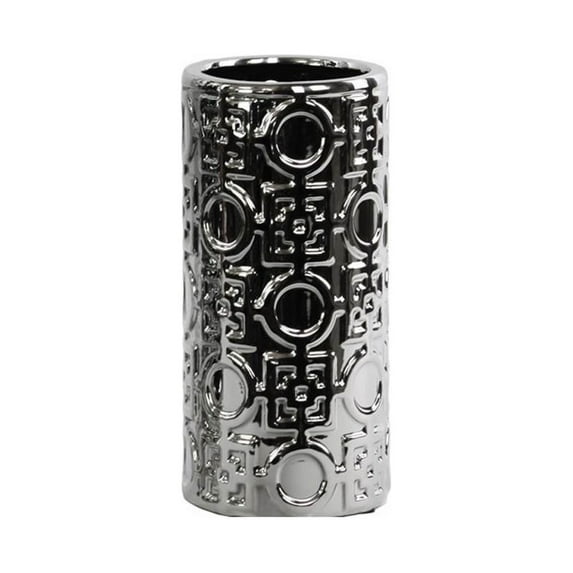 Urban Trends Collection 24702 Ceramic Round Cylindrical Vase Silver With Patterned Design, Small - Silver