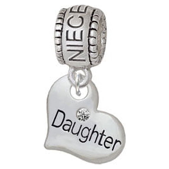 Small ''Daughter'' Heart with Clear Crystal - Niece Charm Bead