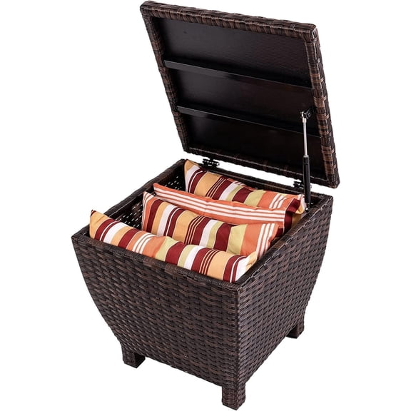 Small Deck Storage Box with Lid, 13 Gallon Outdoor Bin Storage Container for Hose Cushion Towel, Patio Fully Assembled Brown Wicker Side Table with Storage - Rattan