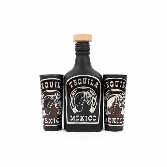 Small Decorative Black Bottle Glass Set, with 2 Mexican Shot Glasses, Handmade by Mexican Artisans, by Adelitas