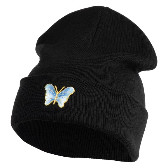 Small Decorative Blue Butterfly Iron on Patched 12 Inch Long Knitted Beanie - Black OSFM