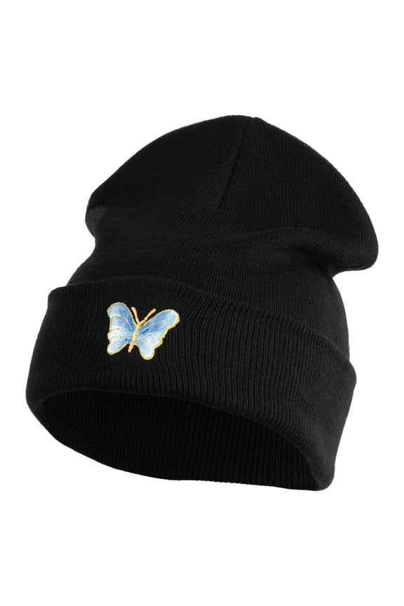 Small Decorative Blue Butterfly Iron on Patched 12 Inch Long Knitted Beanie - Black OSFM