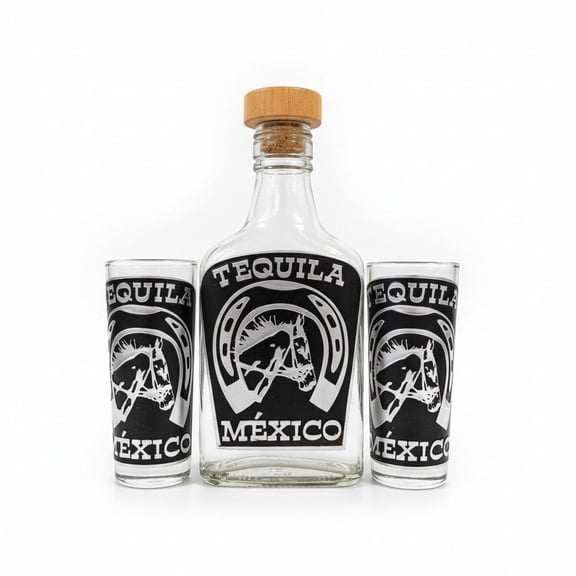 Small Decorative Clear Bottle Glass Set, with 2 Mexican Shot Glasses, Handmade by Mexican Artisans, by Adelitas
