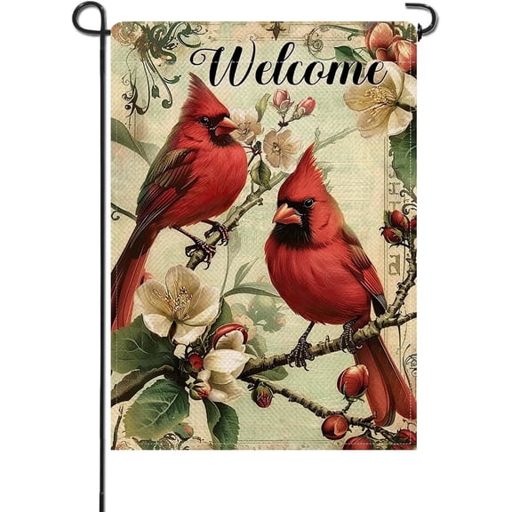 Small Decorative Garden Flag Vintage Red Birds Magnolia Flower Yard Lawn Decor Double Sided Burlap Outdoor Home Decoration 12 x 18