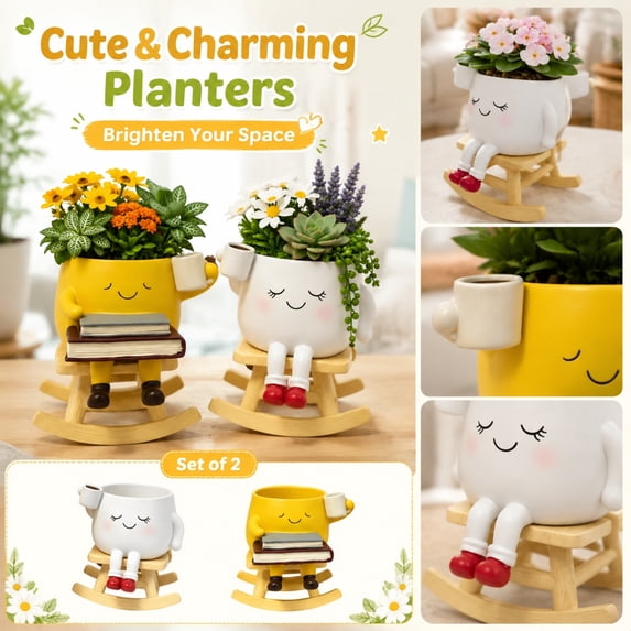 Small Decorative Planter, Cute Home Decor for Indoor Spaces, Cute Dorm Decor, Cute Resin Rocking Chair Flower Pot, 4X4.5 Inch Yellow Closed-Eye Smile Lazy Reading Style Resin Pot,