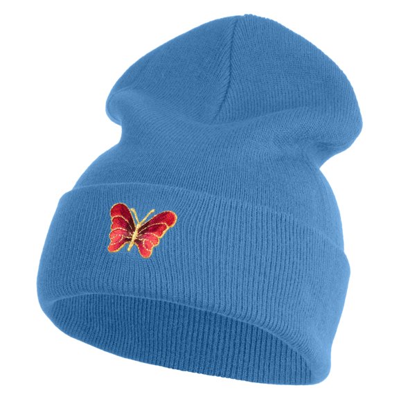 Small Decorative Red Butterfly Iron on Patched 12 Inch Long Knitted Beanie - Sky Blue OSFM