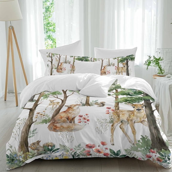 Small Deer Fox Squirrels Flowers Queen Size Bed Set,Green Leaves Forest Bedding for All Seasons,4 Pcs Bed Set,1 Quiltcover(90"x92"),1 Sheet(94"x116"),2 Pillowcases(30"x20")