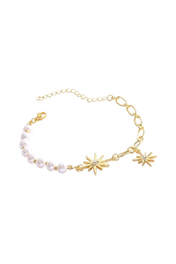 Womens Pearl Bracelet Eight Pointed Star Design and White Gold Inlaid Gems Bracelet Special Occasions Star Pearl