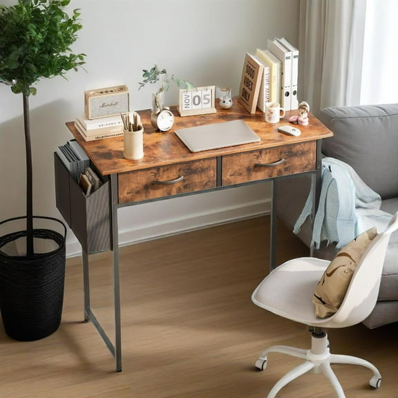 Small Desk with 2 Drawers 32 Inch Bedroom Kids Student Vanity Home Office Computer PC Table with Fabric Storage Bag, Study Writing Wood Deskboard for Small Spaces,Rust Brown