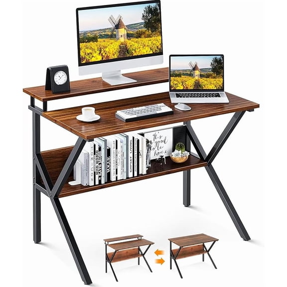 Small Desk, 27.5 Inch Computer Desk for Small Spaces, Kids Desk with Storage, Study Table with Monitor Stand for Homeschool, Pink