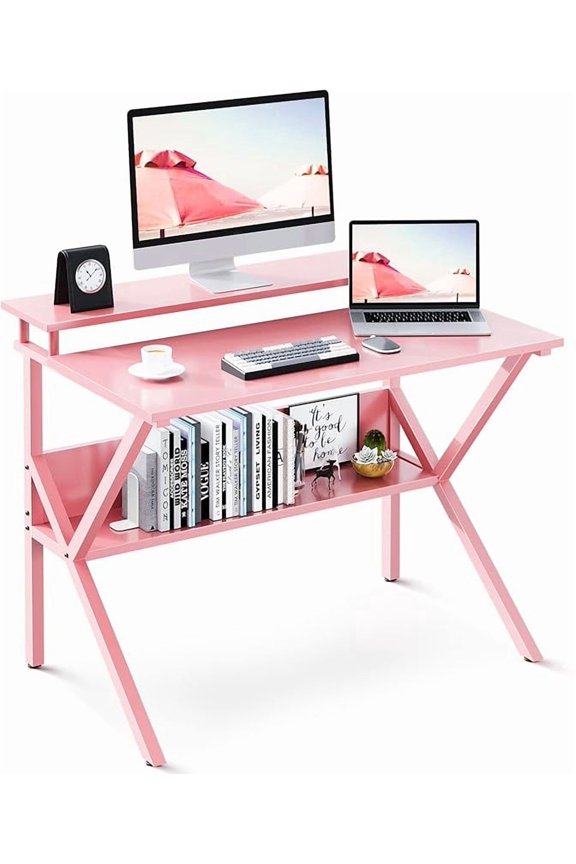 Compact Pink Study Desk with Storage and Monitor Stand, 27.5 Inch, Rectangular Modern Computer Desk