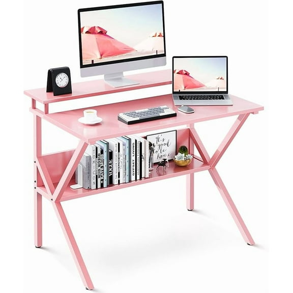 Small Desk, 27.5 Inch Computer Desk for Small Spaces, Kids Desk with Storage, Study Table with Monitor Stand for Homeschool, Pink