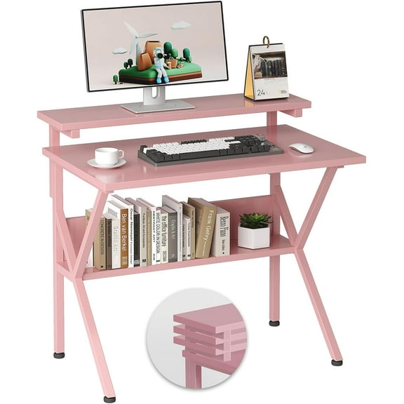 Small Desk, 27.5 Inch Small Computer Desk for Spaces, Computer Desks with Adjustable Monitor Stand, Compact Desks with Storage, Tiny Study Table for Bedroom Home Office, Pink