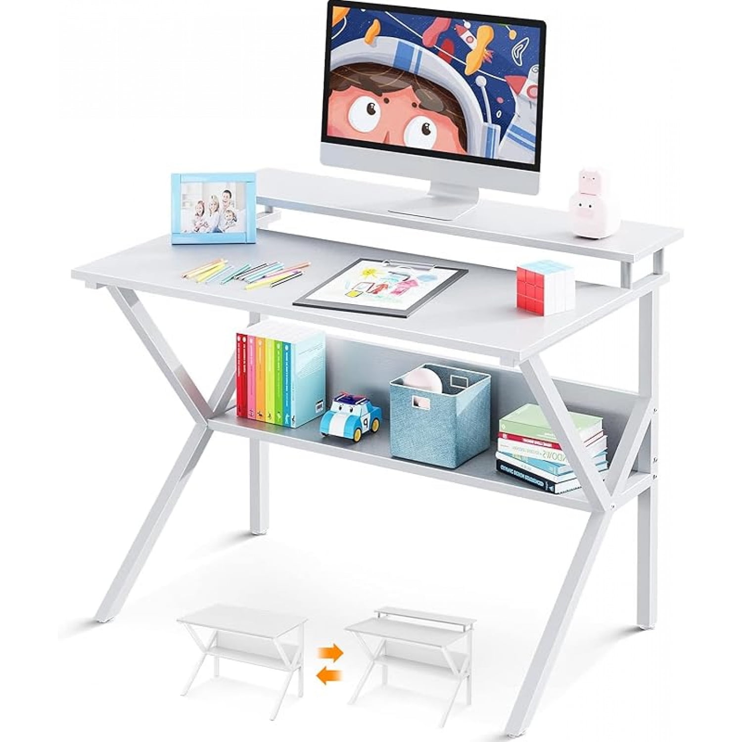 Small Desk, 27.5 Inch Small Computer Desk for Small Spaces, Compact Desk with Storage, Tiny Desk Study Desk with Monitor Stand for Home Office