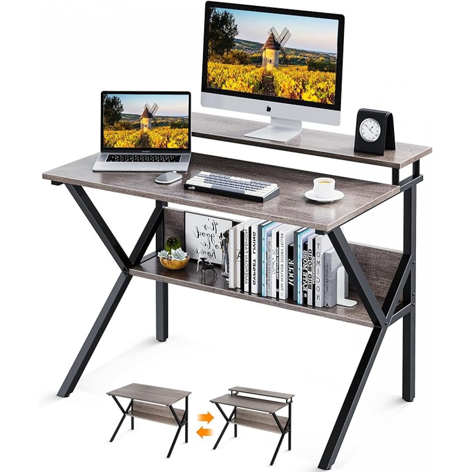 Small Desk, 27.5 Inch Small Computer Desk for Small Spaces, Compact Desk with Storage, Tiny Desk Study Desk with Monitor Stand for Home Office