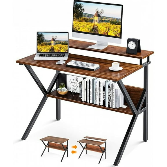 Small Desk, 27.5 Inch Small Computer Desk for Small Spaces, Compact Desk with Storage, Tiny Desk Study Desk with Monitor Stand for Home Office