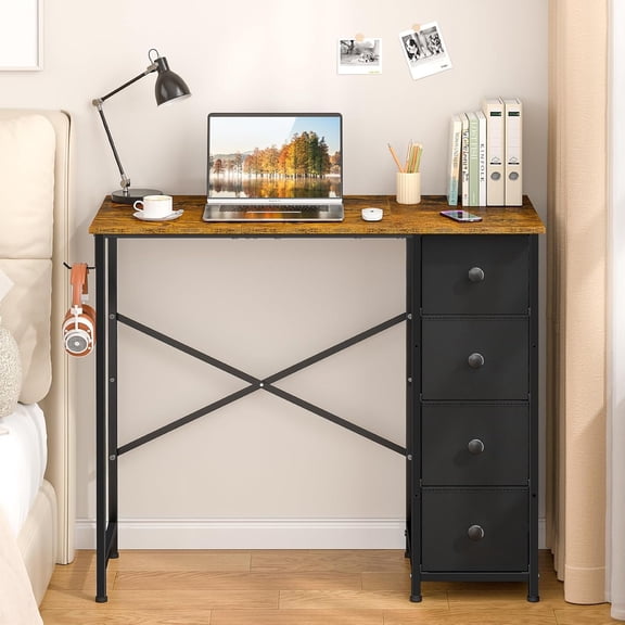 Small Desk with 4 Fabric Drawers, 36 Inch Reversible Writing Desk for Office Bedroom, Modern Simple Student Study Desk with Storage, Compact Desk for Small Spaces, Rustic Brown
