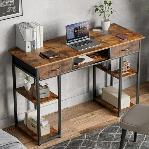 Writing Desk, 48 Inch Brown Long Desk With Fabric Storage Drawers, Computer Desk for Bedroom, Gaming, Writing, Study