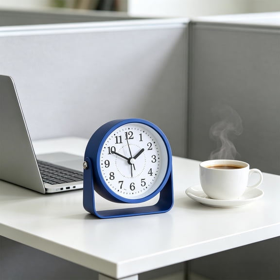 Small Desk Alarm Clock, Silent Non-Ticking Analog Table Clock, Adjustable Stand for Bedroom Office, Easy to Read Arabic Numerals