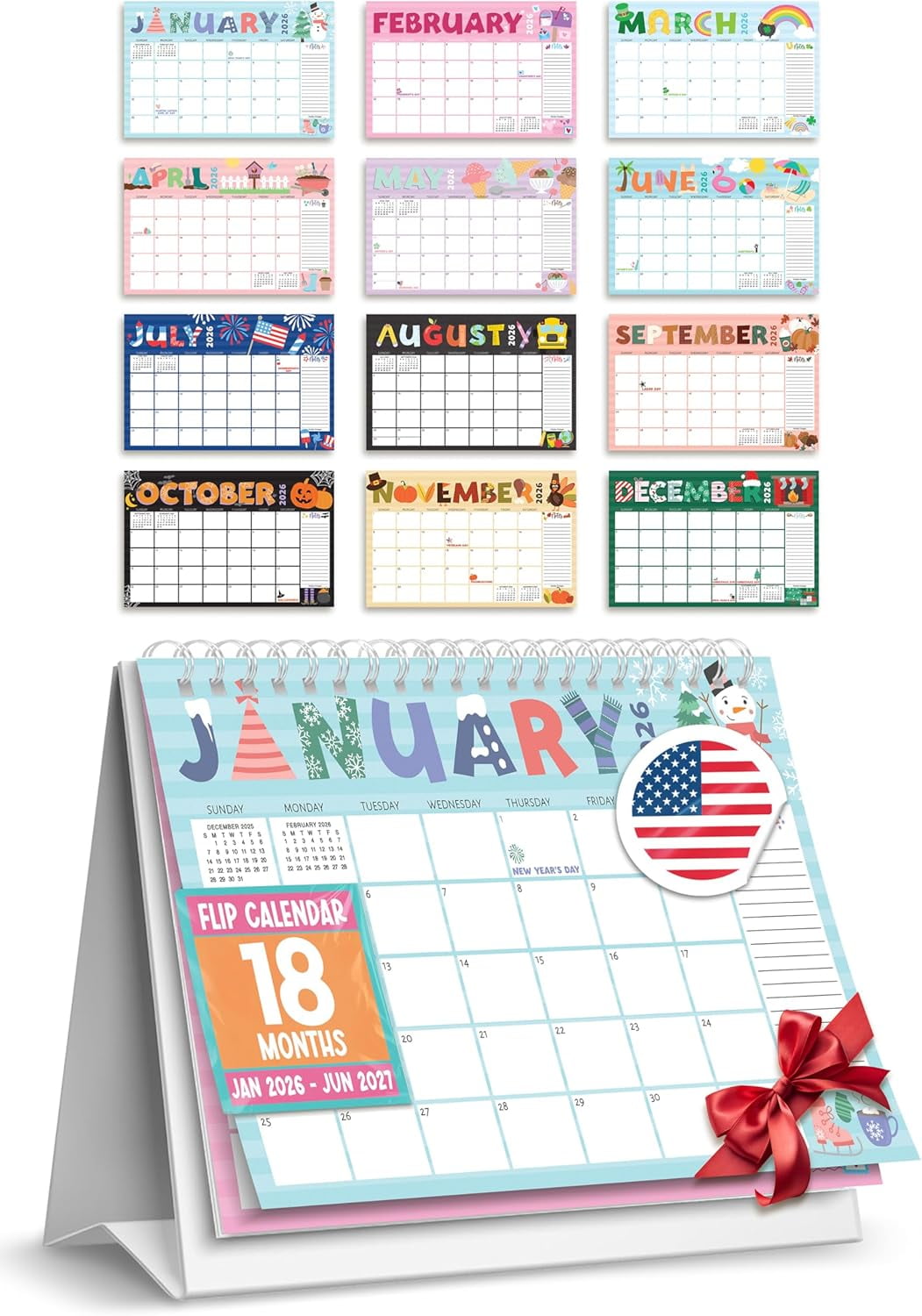 Small Desk Calendar 2026-2027 - Standing Flip Desk Calendars 2026, 18 Months Stand Up Calendars from Jan 2026 to June 2027, Typography Desktop Calendar Planner for Home, School, Office