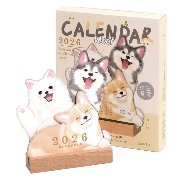 Small Desk Calendar 2026, Mini Dog Desktop Calendar 2026 With Wooden Base, Cute Dogs Notes Monthly Planner, New Year Gift For Pet Lovers