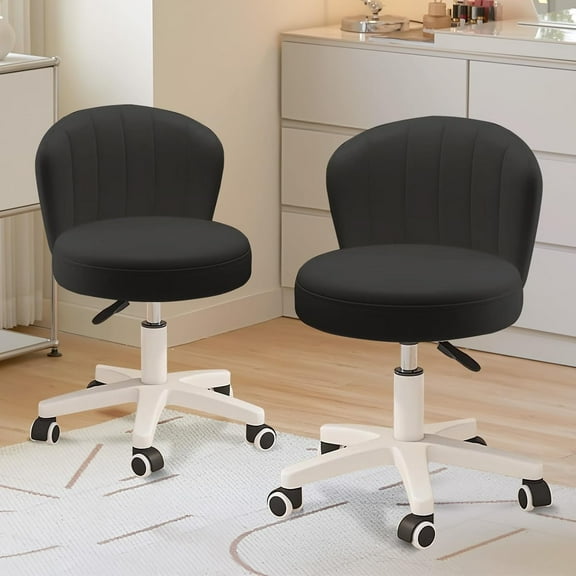 Small Desk Chair Round Rolling Chair with Back PU Leather Height Adjustable Swivel Vanity Work Computer Stool Chair for Home Office Bedroom, Set of 2