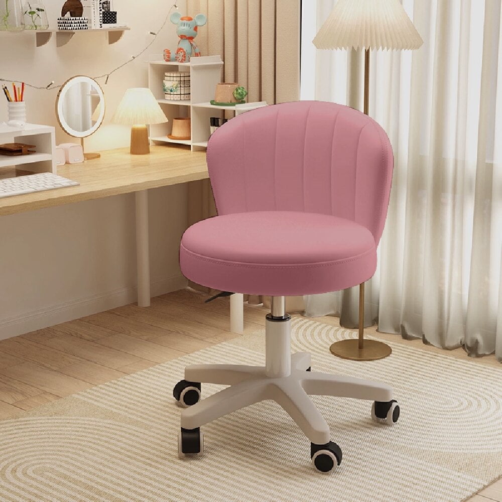 Small Round Rolling Chair with Back PU Leather Height Adjustable，Swivel Vanity Work Computer Stool for Girls and Women，Pink