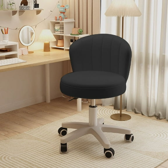 Small Round Rolling Chair with Back PU Leather Height Adjustable，Swivel Vanity Work Computer Stool for Girls and Women，Black