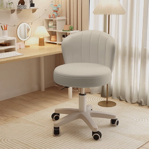 Small Round Rolling Chair with Back PU Leather Height Adjustable，Swivel Vanity Work Computer Stool for Girls and Women，Gray