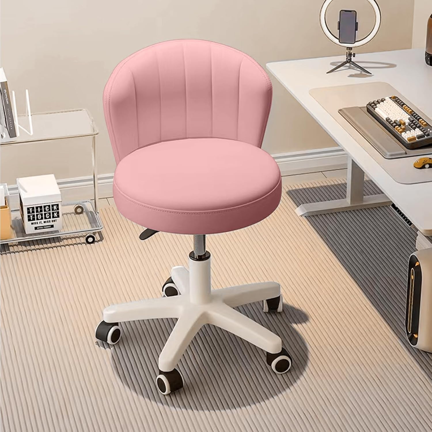 Small Desk Chair Round Rolling Chair with Back PU Leather Height ...