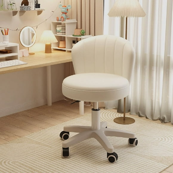 Small Round Rolling Chair with Back PU Leather Height Adjustable，Swivel Vanity Work Computer Stool for Girls and Women，White