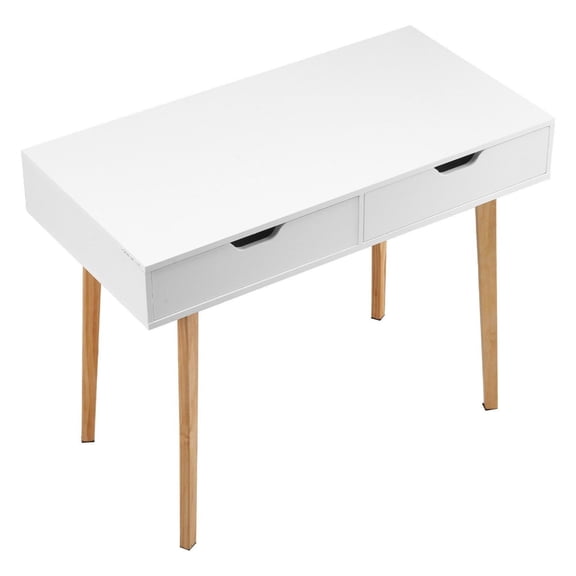 Small Desk with Drawers, Kids Desk for Bedroom, Wooden Simple Study Table for Drawing, Reading, Writing, Rectangle MDF Furniture Study Storage Table for Home, Office, White + Wood