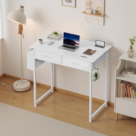 Small Desk with Fabric Drawers for Home Office, 32 Inch Gaming Computer Desk with Side Bag, Headphone Hook Writing Study Work Table for Bedroom Small Space, Chic White