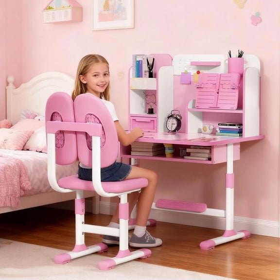 Small Desk, Kids Study Desk Chair Set, Height Adjustable Children School Study Table Chair Set with Sitting Corrector, Ergonomic Desk Chair with Book Stand, Foot Pedal, Partition Design (Pink #1)