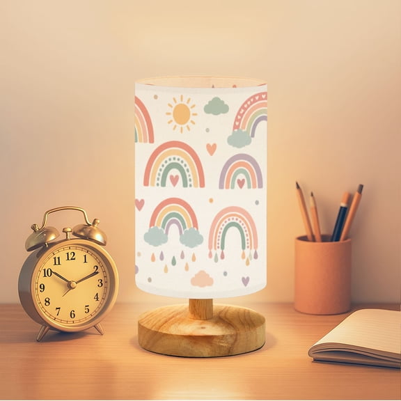 Small Desk Lamp Hand Drawn Boho Rainbows 16-Color Dimmable Bedside Table Lamp Cute Sun Sunshine Whimsical Nursery Nightstand Lamp for Bedroom Christmas Gift with Wood Base Fabric Shade