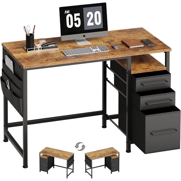 Small Desk with 3 Drawers and Side Storage Pocket, Space‑Saving Computer Writing Table for Home Office – Brown+black