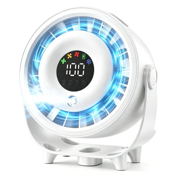 Small Desktop Misting Fan with Temp Control 4000mAh USB Rechargeable, 100-Speed Digital Display, Portable Turbo Fan for Home Office Travel Outdoor