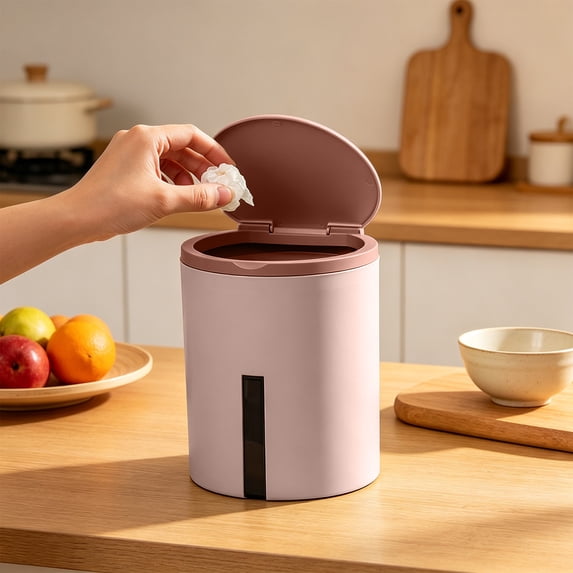 Small Desktop Trash Can With Lid - Mini Countertop Waste Bin For Office Kitchen(R-Pink)