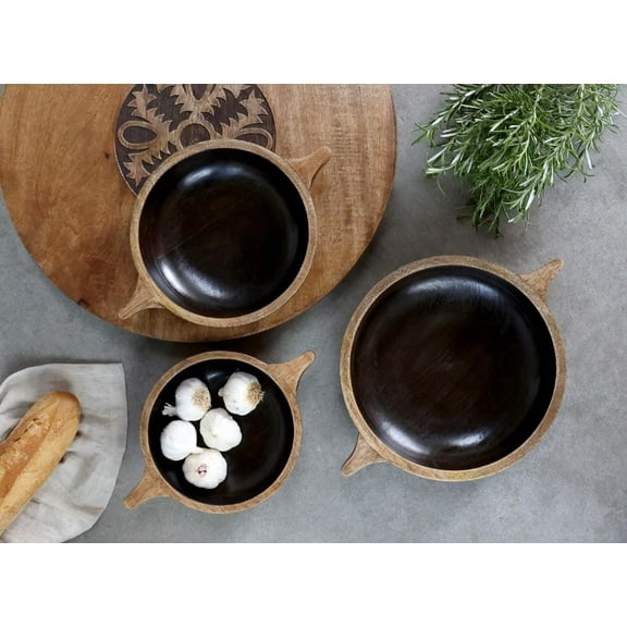 Small Dessert Serving Plate Brownie Sizzler Tray with Wooden Base Black Finish Wooden Bowls Set of 3