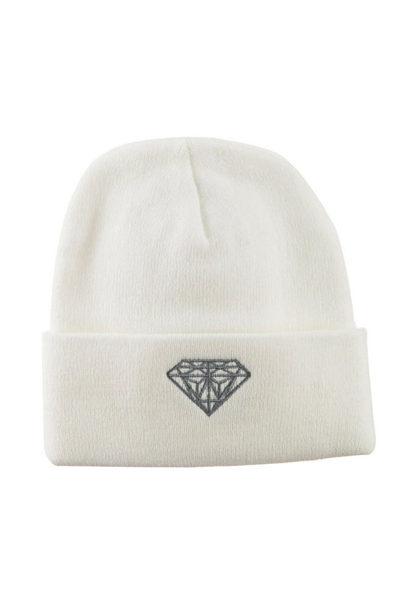 Small Diamond Embroidered Long Beanie - White OSFM